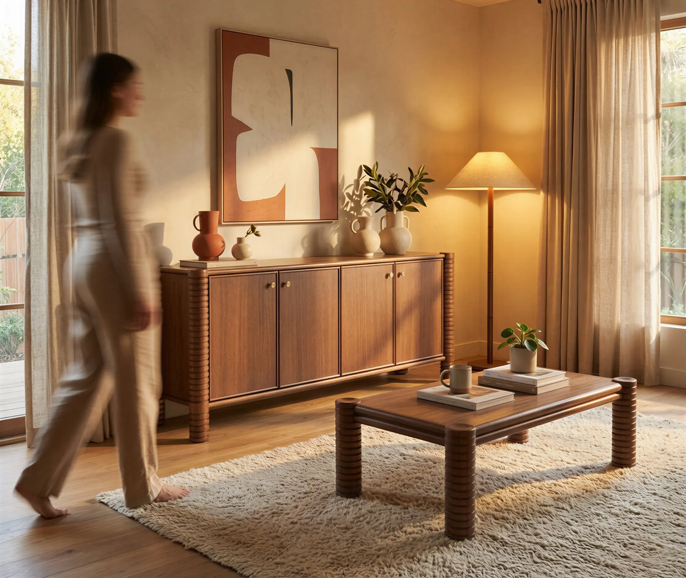 Ellis walnut alternate living shot with sideboard and coffee table