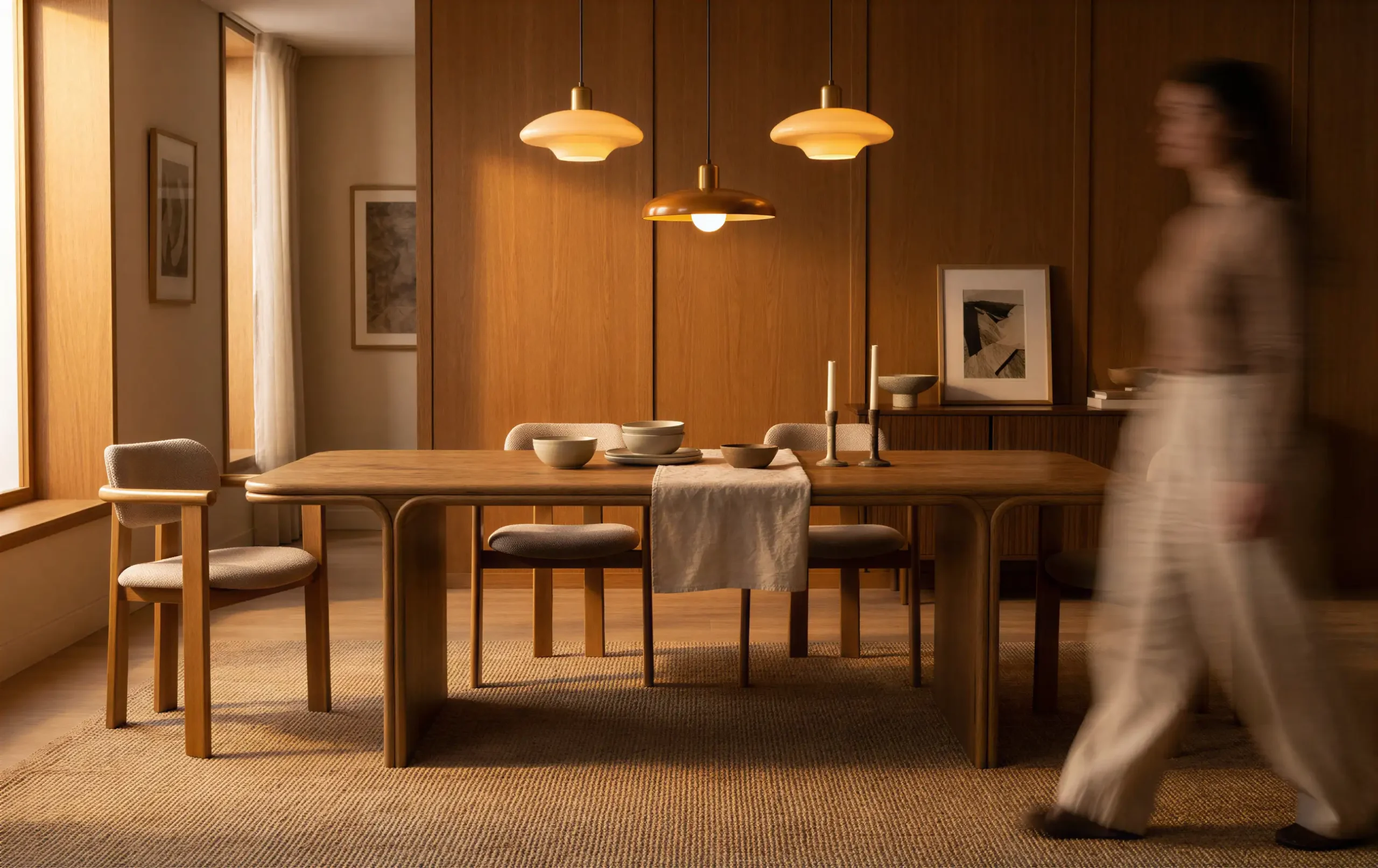 Clara dining table and Zenit dining chairs in a lifestyle shot.