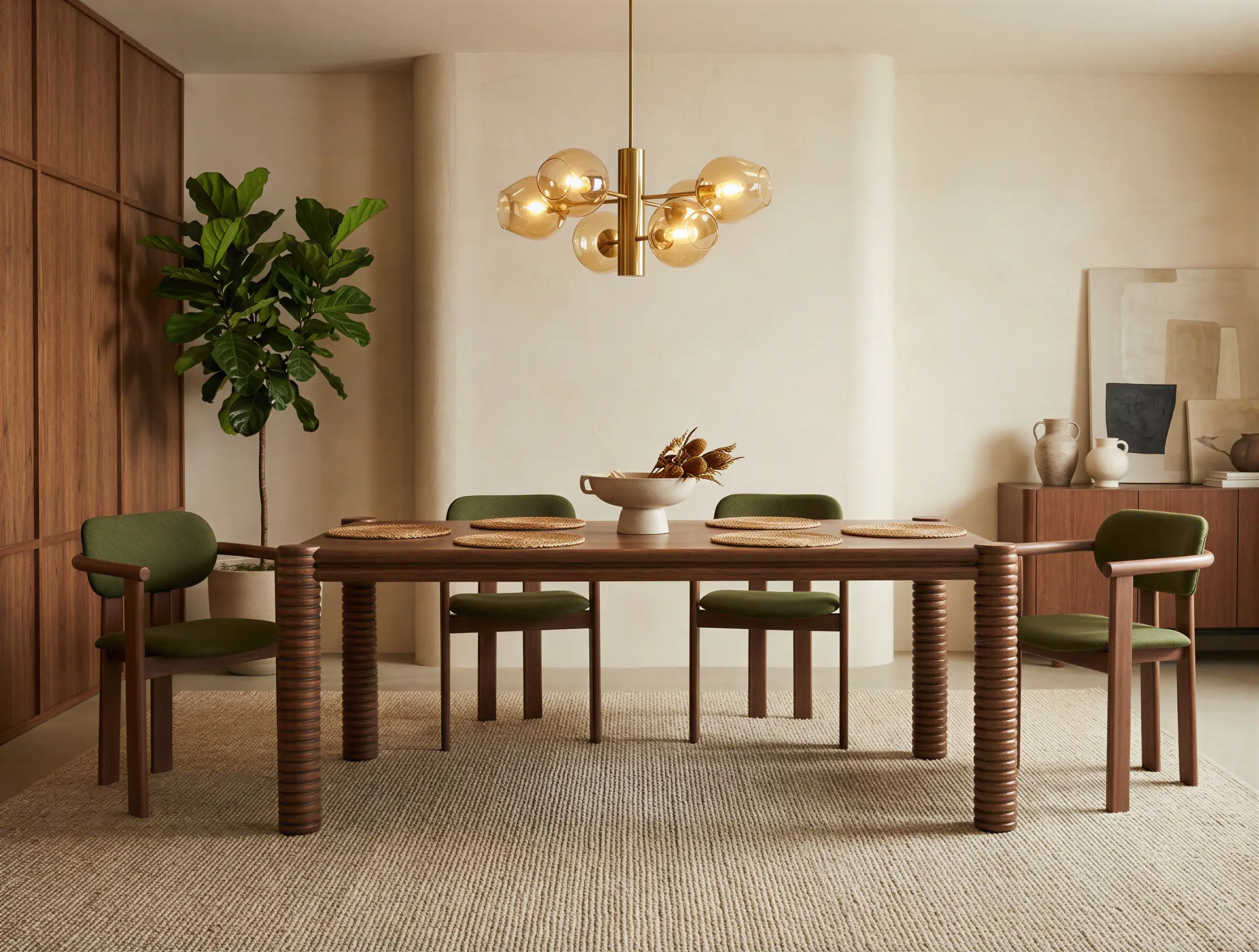 Ellis walnut Dining table and zenit walnut arm chairs in a warm contemporary home setting