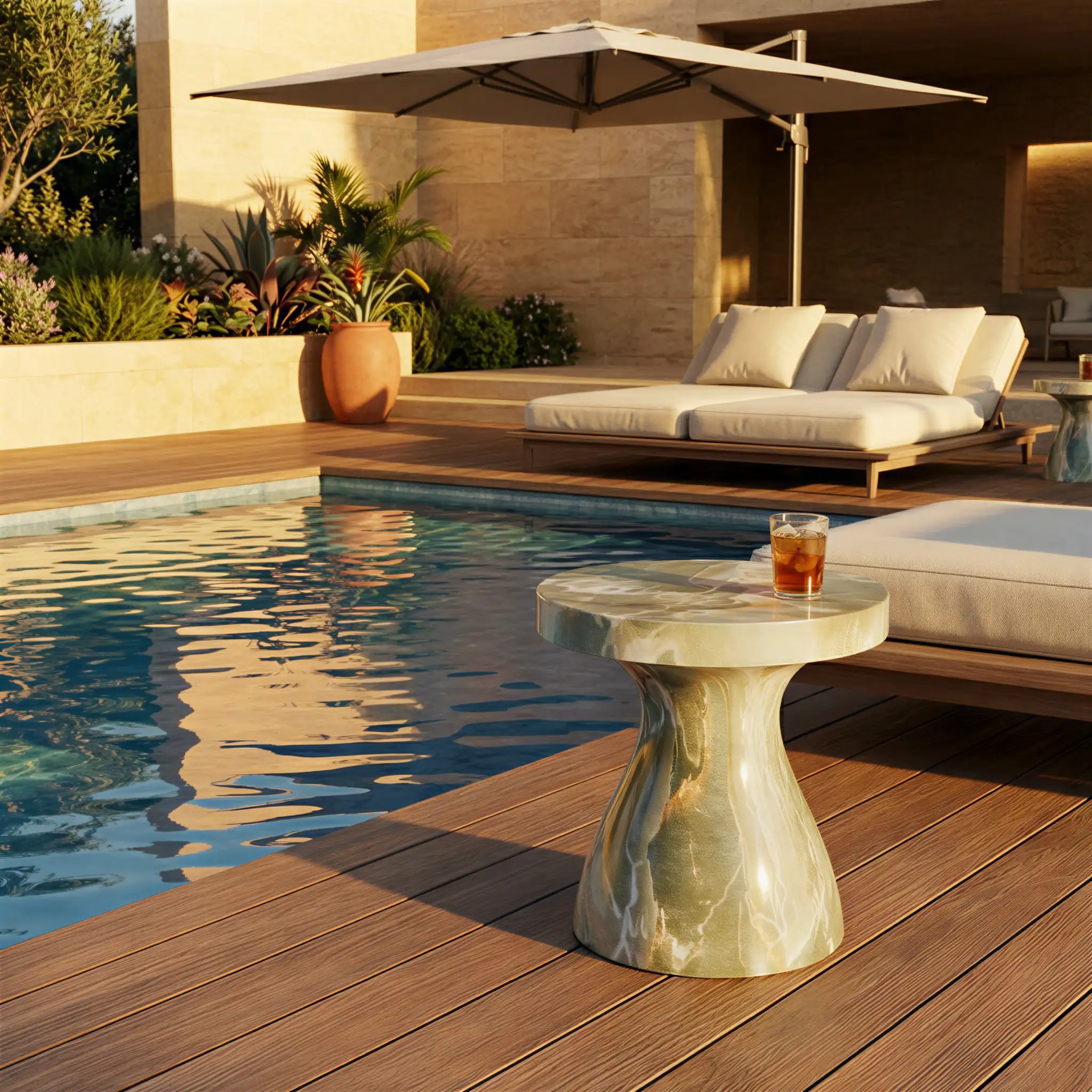 Monia Sidetable in a warm, modern, outdoor poolside setting.