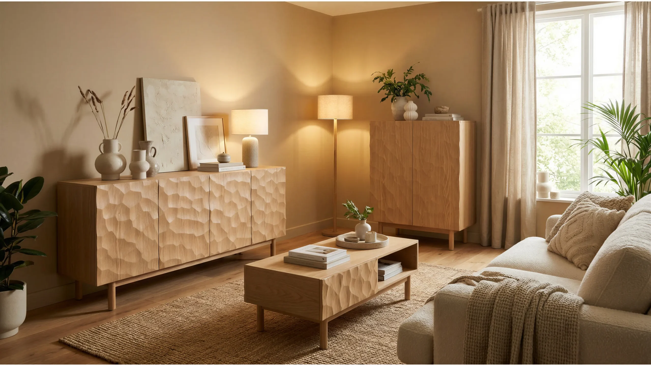 Solid carved wood cabinets in modern warm living room.