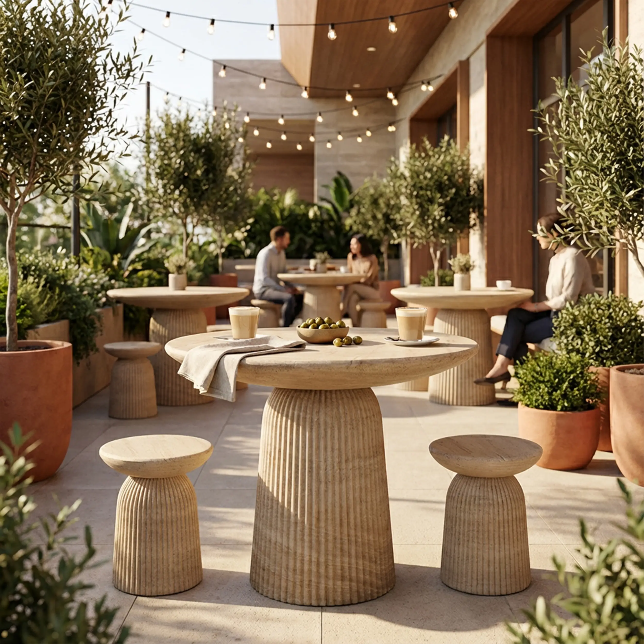 Mason Travertine Bistro Table with Side Tables in an outdoor setting.