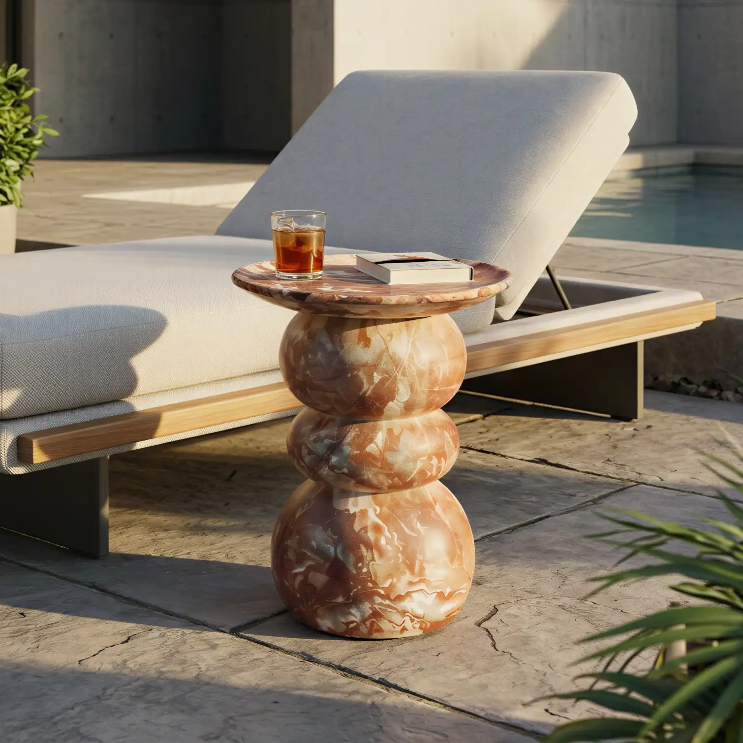 Red marble Silfi sidetable in a modern outdoor setting.